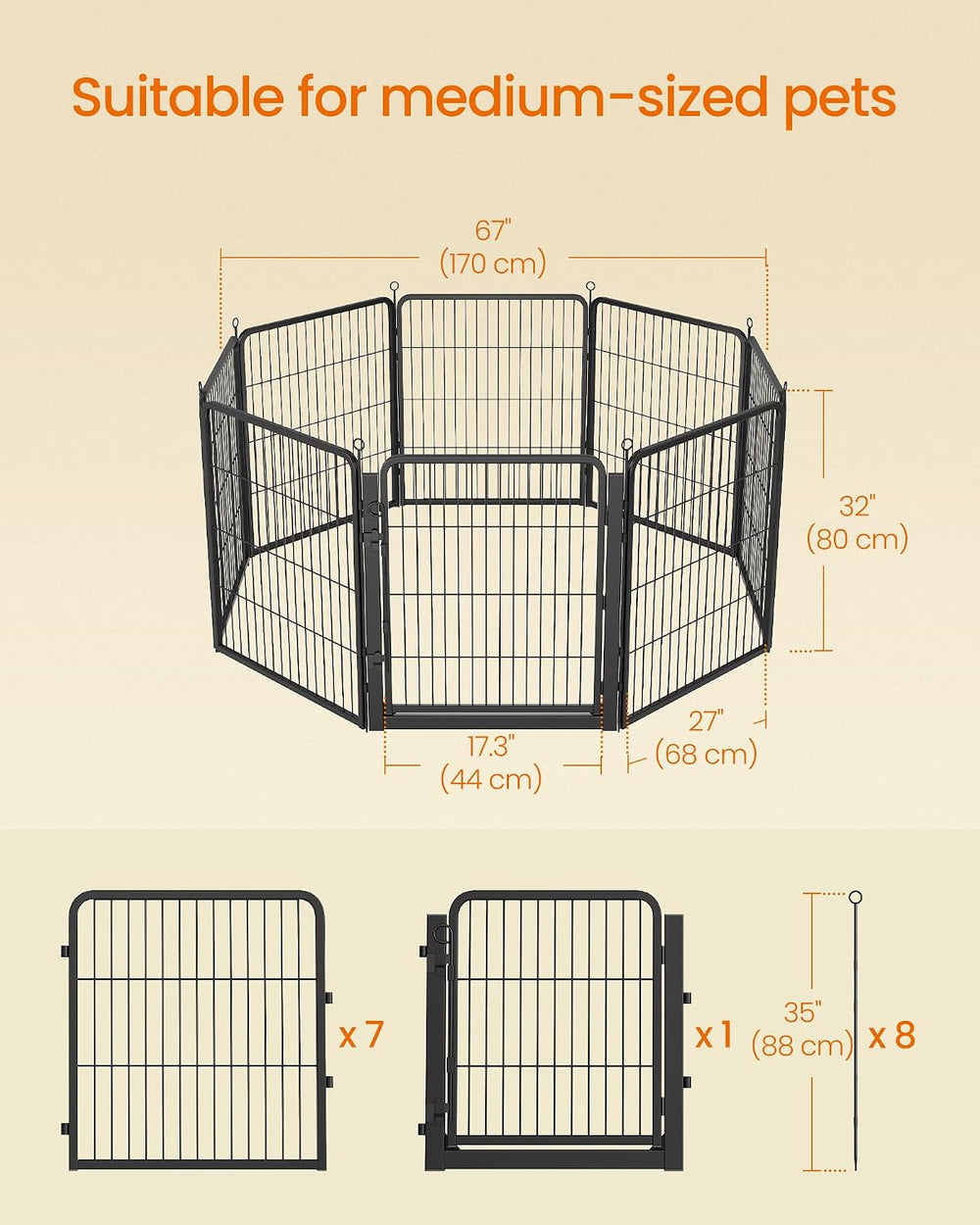 Feandrea 8-Panel Dog Playpen, 67 x 67 x 32 Inch, Matte Black