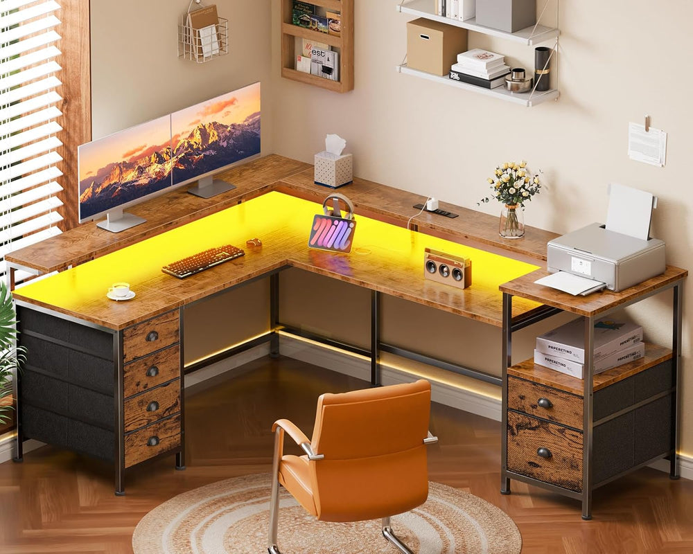 Furologee 95'' Two Person Computer Desk with 6 Drawers, LED, Rustic B...