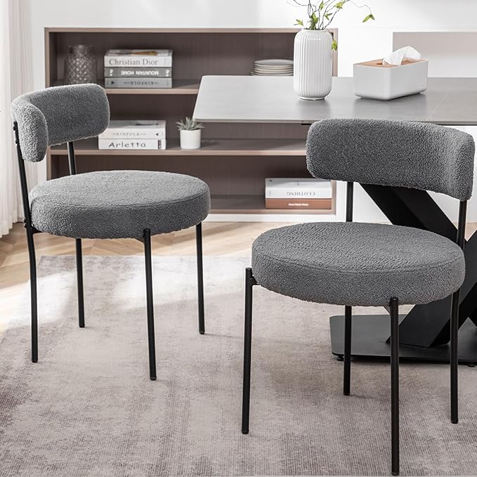 Grey Boucle Dining Chairs Set of 2, Upholstered Dining Room Chairs with Black Metal Legs, Round Modern Dining Chair for Dining Room, Kitchen