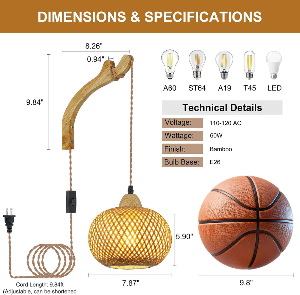 Frideko Bamboo Lantern Plug in Wall Sconces Wicker Wall Lamp with Plug in Cor...