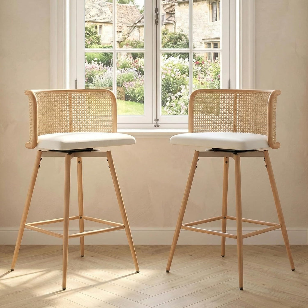 26" Rattan Bar Stools Set of 2, Swivel Counter Height Barstools, White