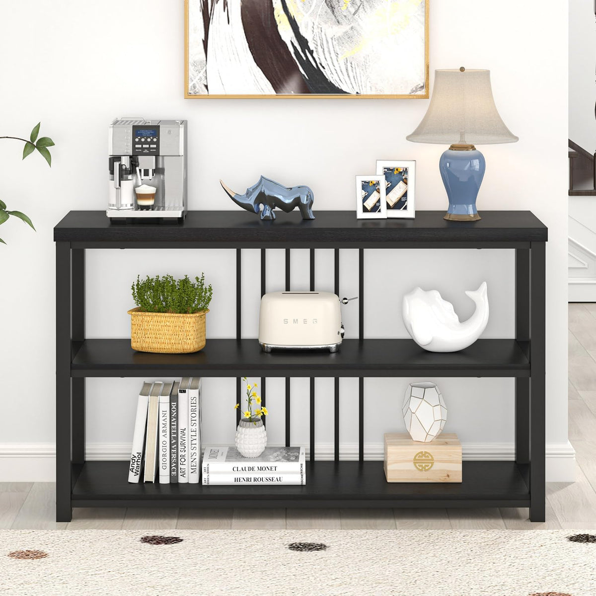 FOLUBAN Entryway Table, Modern Sofa Console Table with 3 Tier Storage Shelf for Living Room Hallway Foyer, Industrial Black Oak