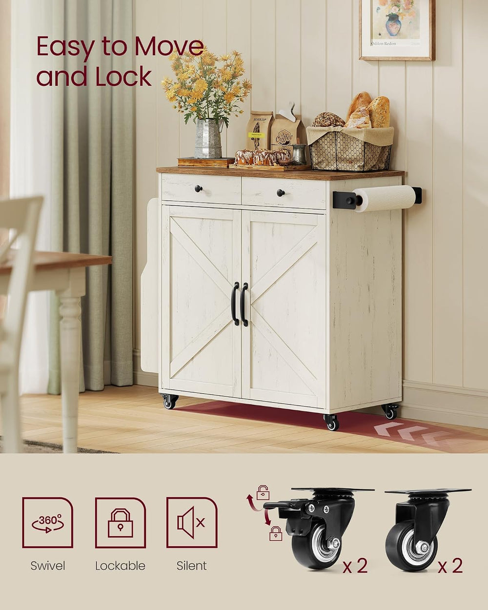 VASAGLE Mobile Kitchen Island with 2 Doors, 2 Drawers