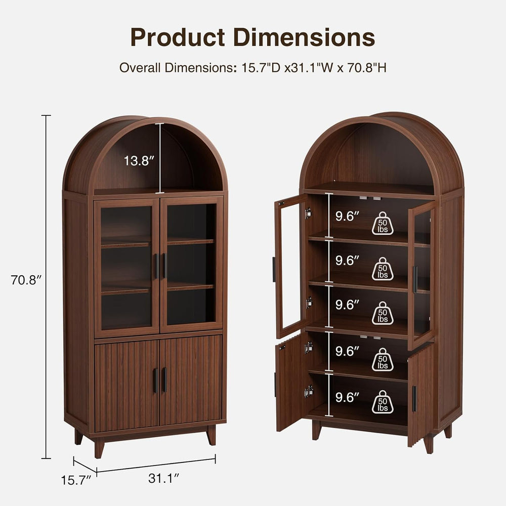 Arched Cabinet with Glass Doors, Fluted Pantry Cabinet with Solid Wood Legs