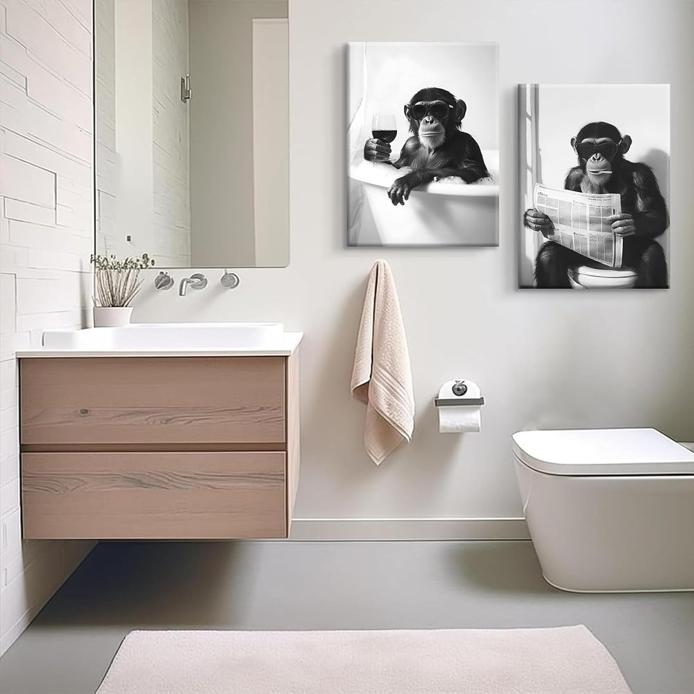 2Pcs Funny Monkey Bathroom Wall Art Chimpanzee in Bathtub Wall Decor Black an...