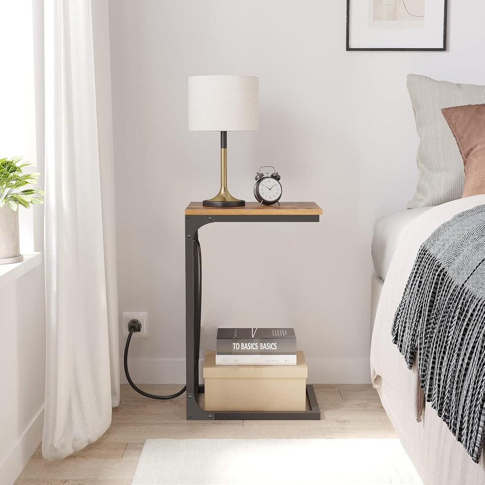 TUTOTAK C Shaped End Table with Charging Station, Side Table for Sofa