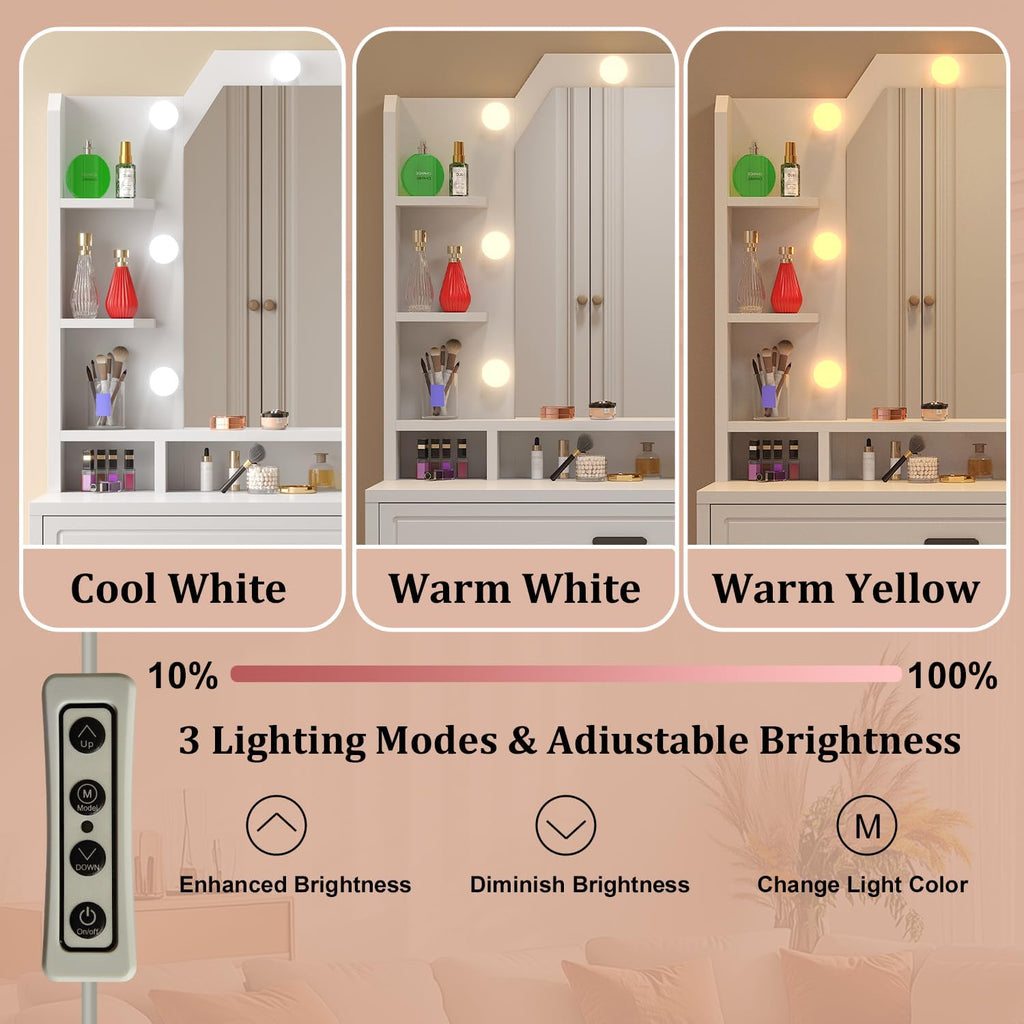 Makeup Vanity with Mirror with Lights for Girls White Lighted Vanity Desk Small Makeup Vanity Table Set with Storage Drawers 3 Lighting Modes & Adjustable Brightness