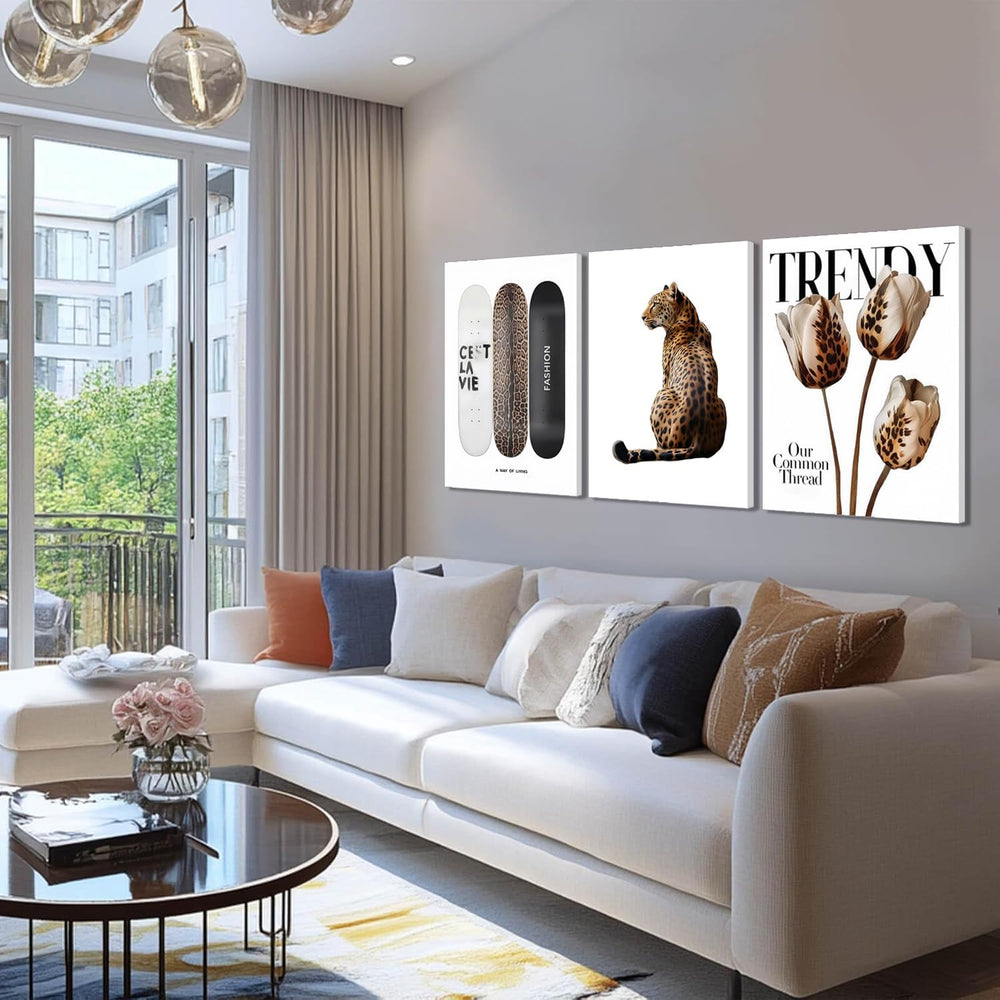 Trendy Leopard Canvas Wall Art Set of 3 Cheetah Printed Preppy Fashion Skateb...