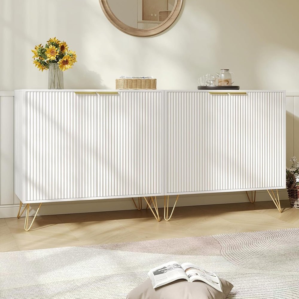 Storage Cabinet with 2 Fluted Doors and Adjustable Shelves, White丨Modern Wood...