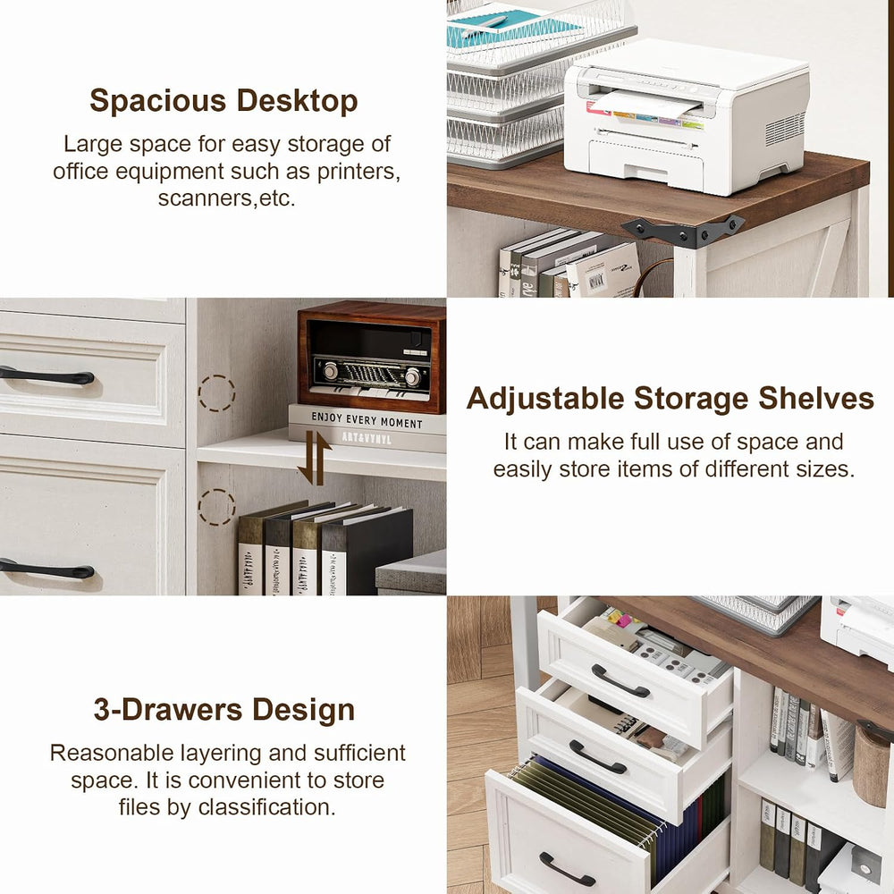 3 Drawers Farmhouse File Cabinet with Shelves, Rustic White and Brown