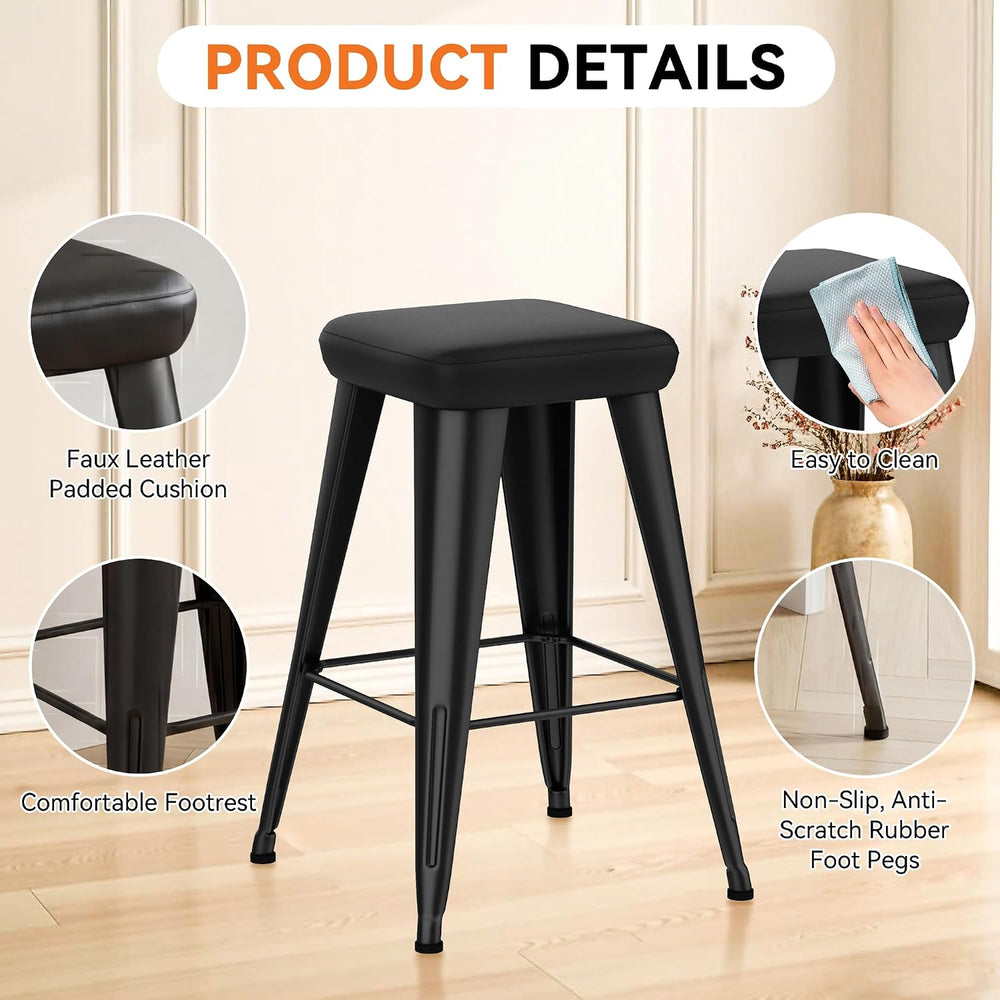 Aklaus PU Leather Metal Bar Stools 26 inch Faux Leather Counter Height Barsto...
