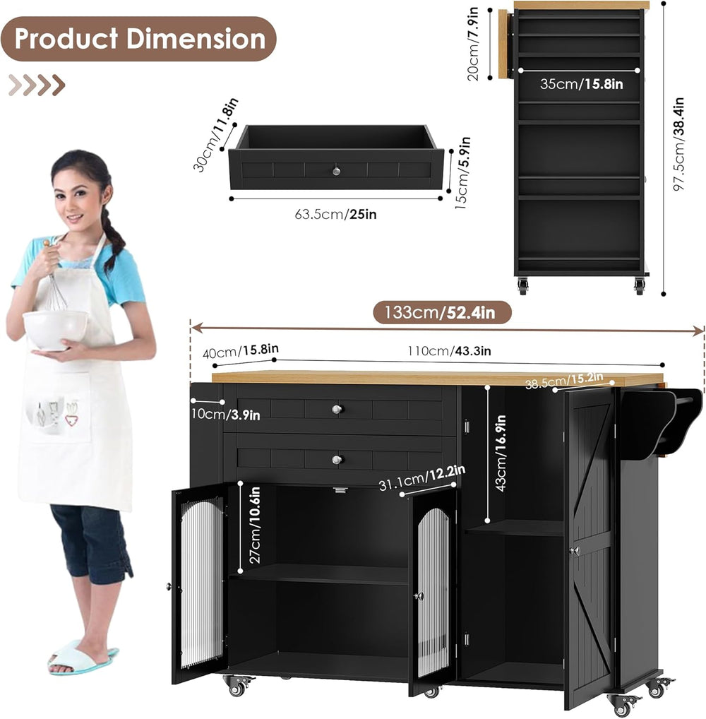 FINETONES 52" Kitchen Island with Storage, Rolling Kitchen Carts on Wheels