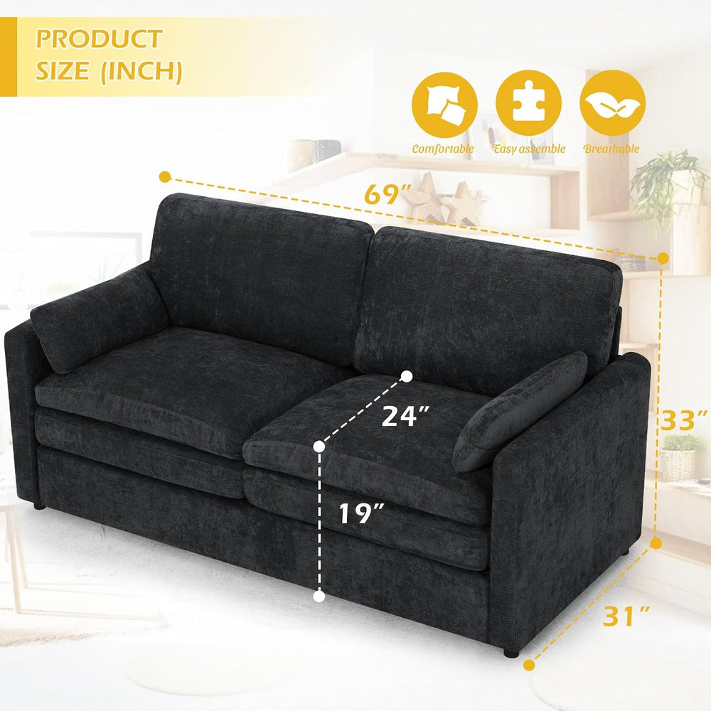 3 Pieces Chenille Sofa Set w/Two Arm Pillows, Black