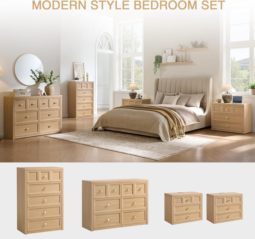 3-Piece Bedroom Set, 6 Drawer Dresser and 3 Drawer King Size Nightstands Set ...