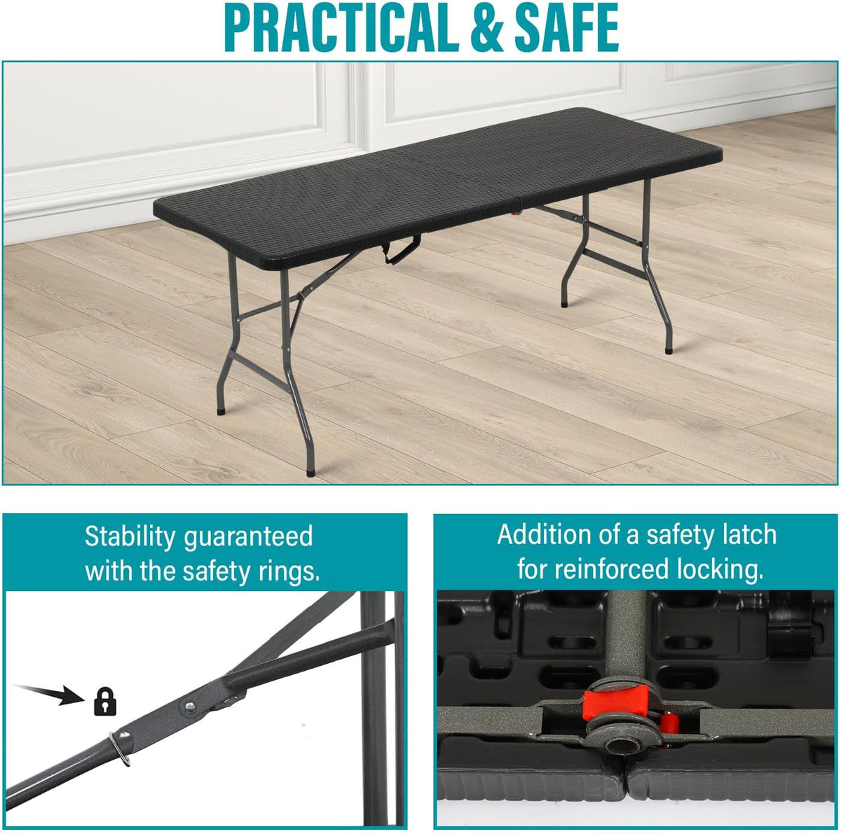 fdw | 6ft folding table | black ratten, side view