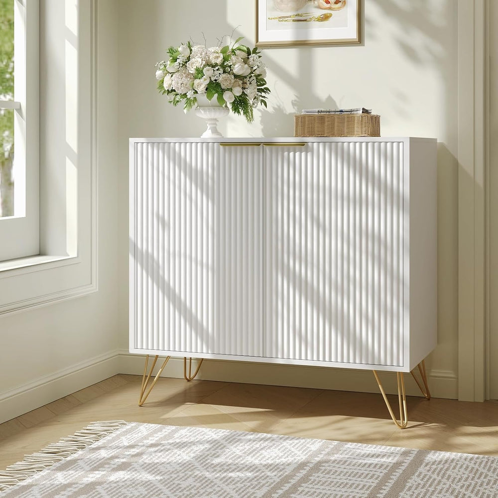 Storage Cabinet with 2 Fluted Doors and Adjustable Shelves, White丨Modern Wood...