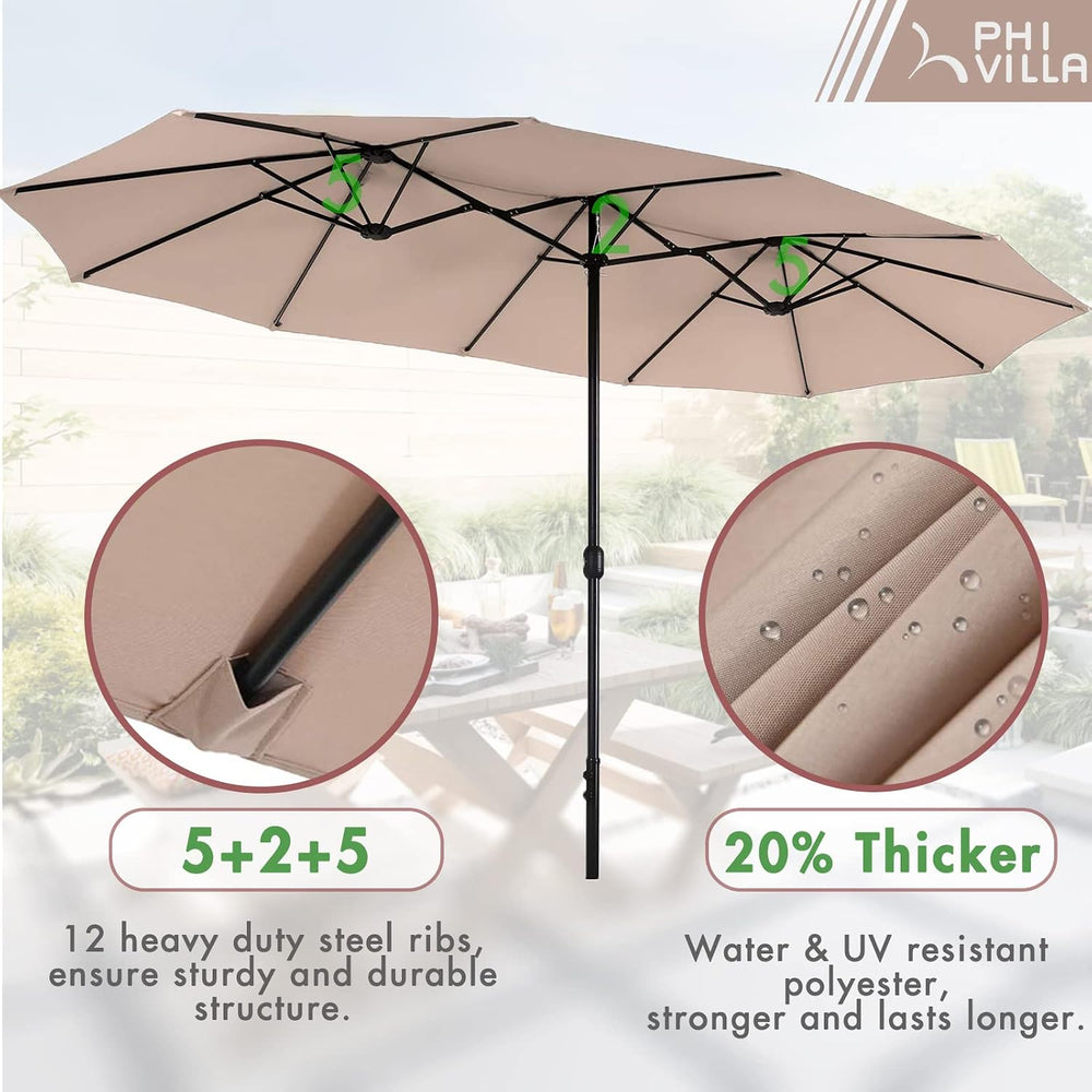PHI VILLA 7pc Patio Dining Set with Beige Umbrella, 6 Rattan Chairs