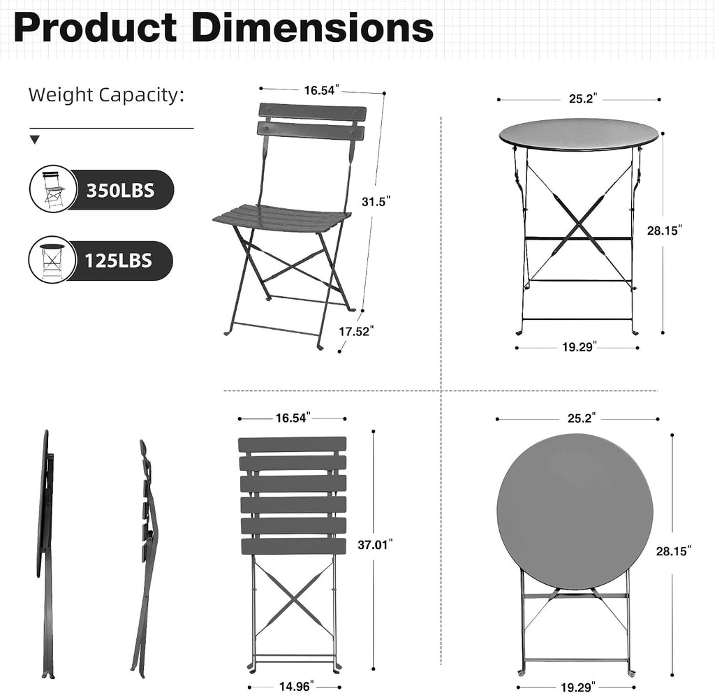3 Pieces Outdoor Bistro Set, Patio Table and Chairs Set,Grey
