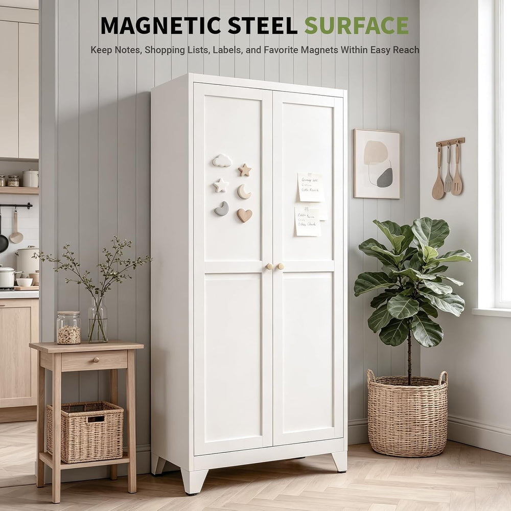 75" White Metal Pantry Cabinet with Doors & 5 Adjustable Shelves