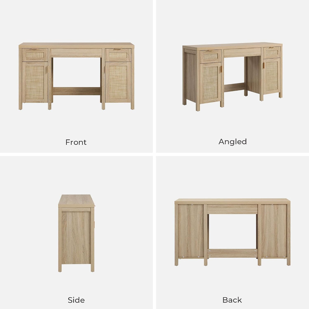 SICOTAS 52" Rattan Vanity Desk with 3 Drawers & 2 Cabinets, Vanity T...