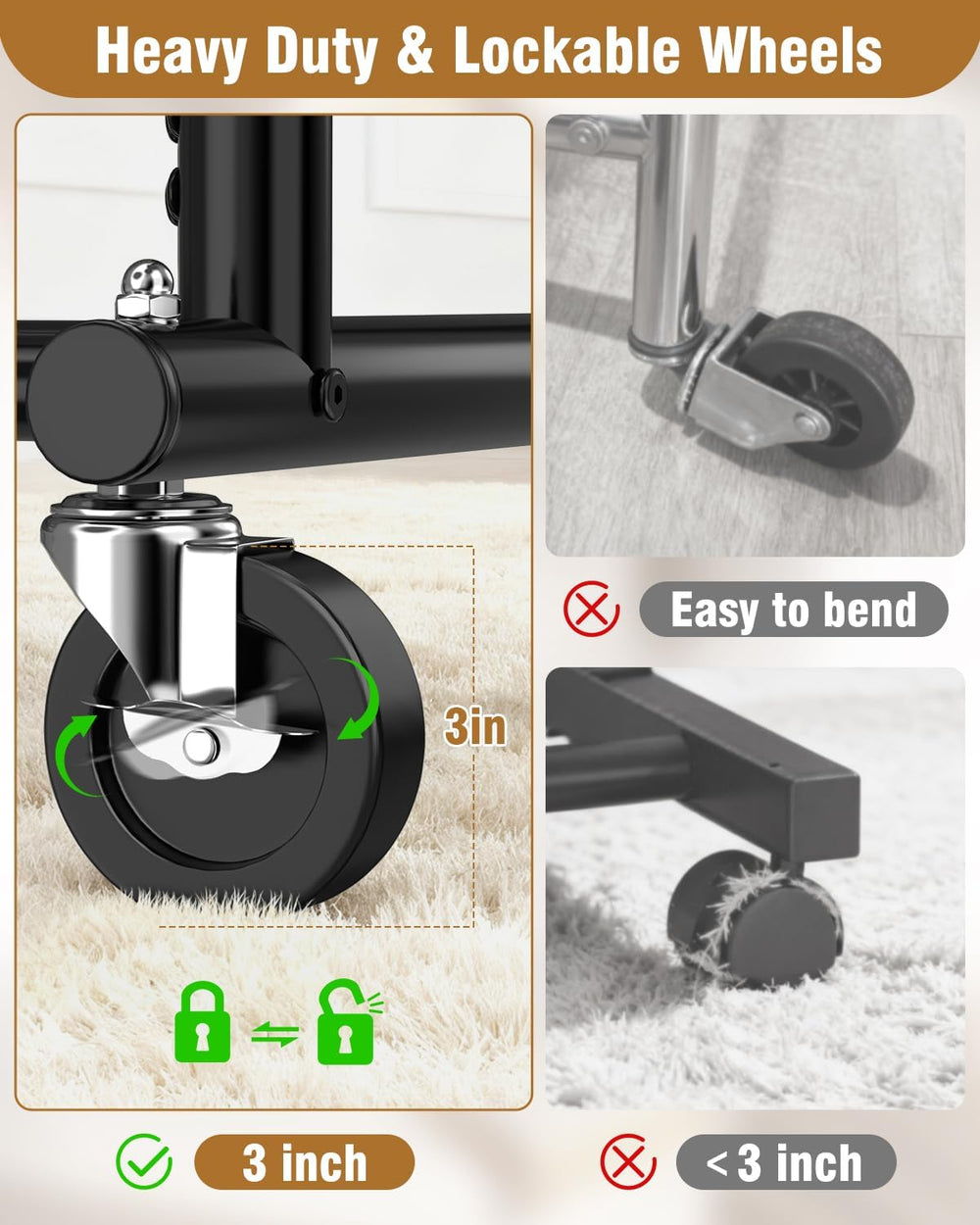 EAGMAK Rolling Clothes Rack Heavy Duty Clothing Racks with 3 Shelves, Black