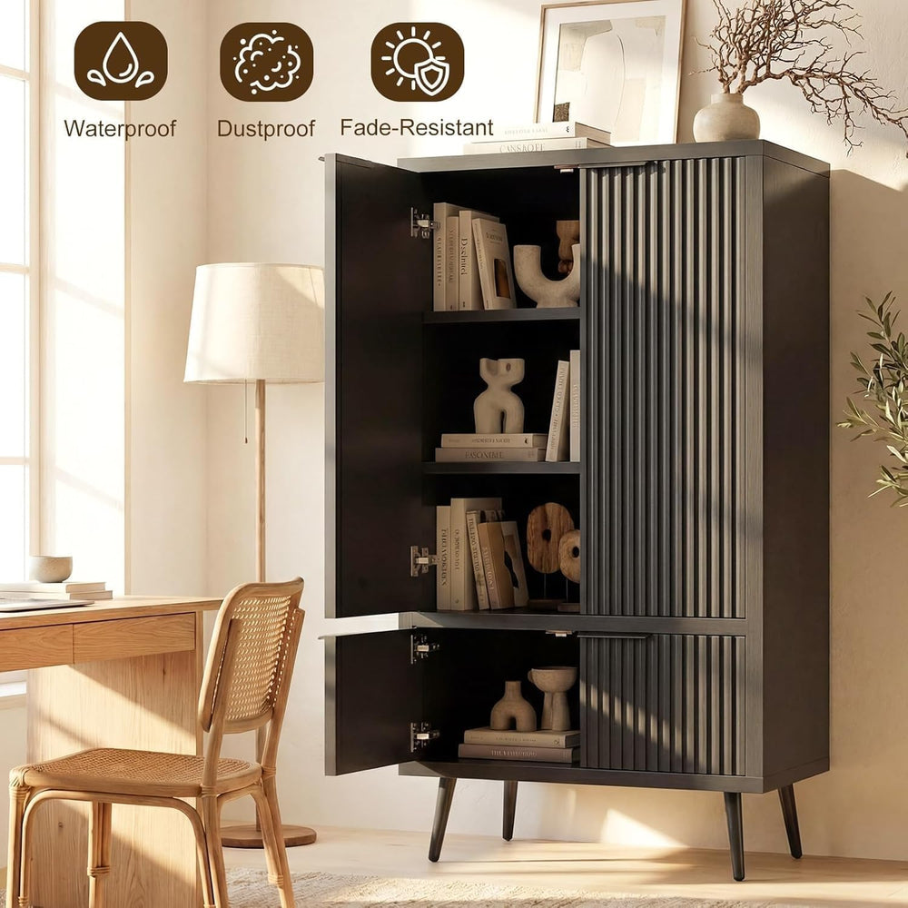 Ebony Fluted 51" Tall Wooden Kitchen Pantry Storage Cabinet Food Organiz...