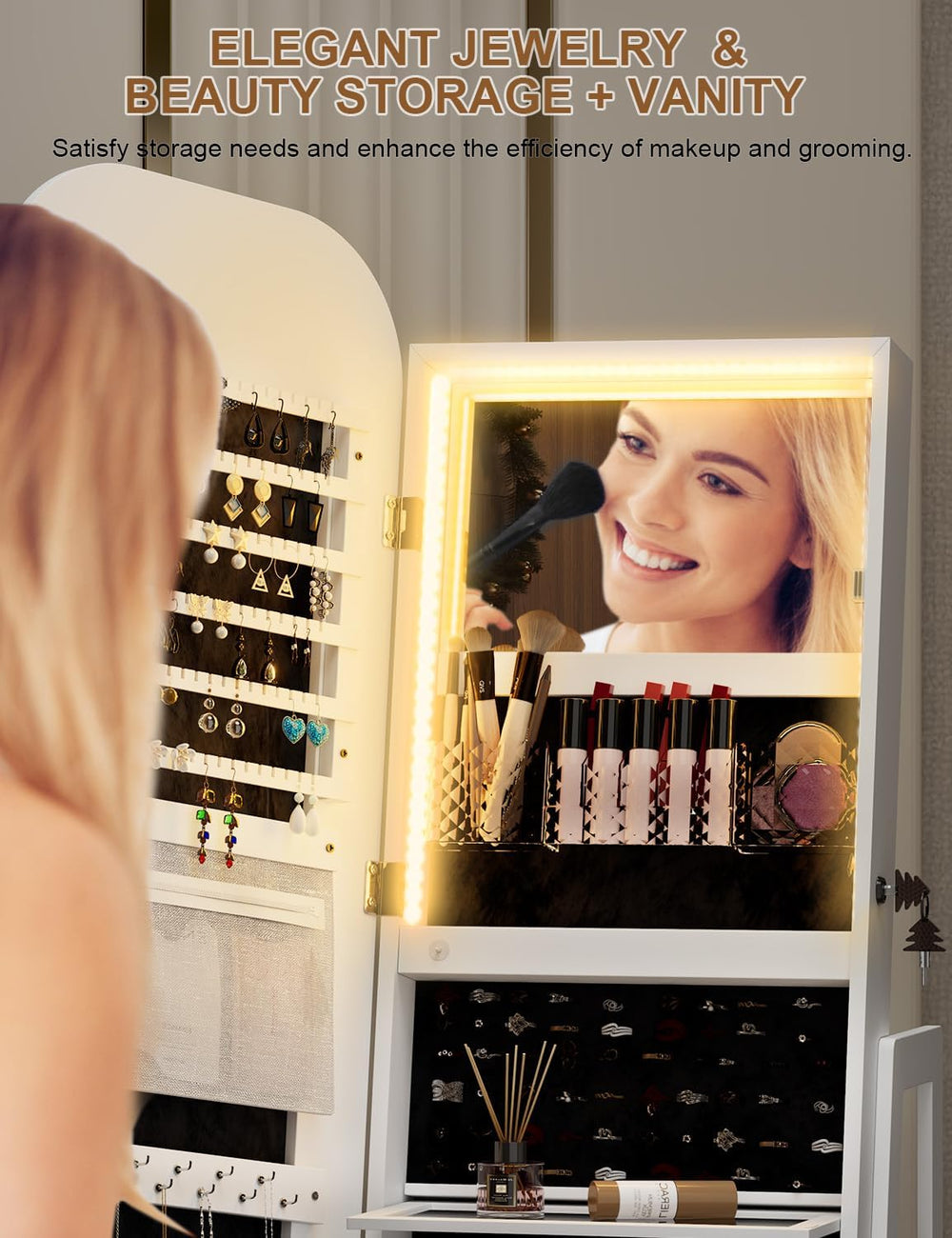 Swivel Jewelry Armoire, Vanity Mirror, Drawers, Lights, White