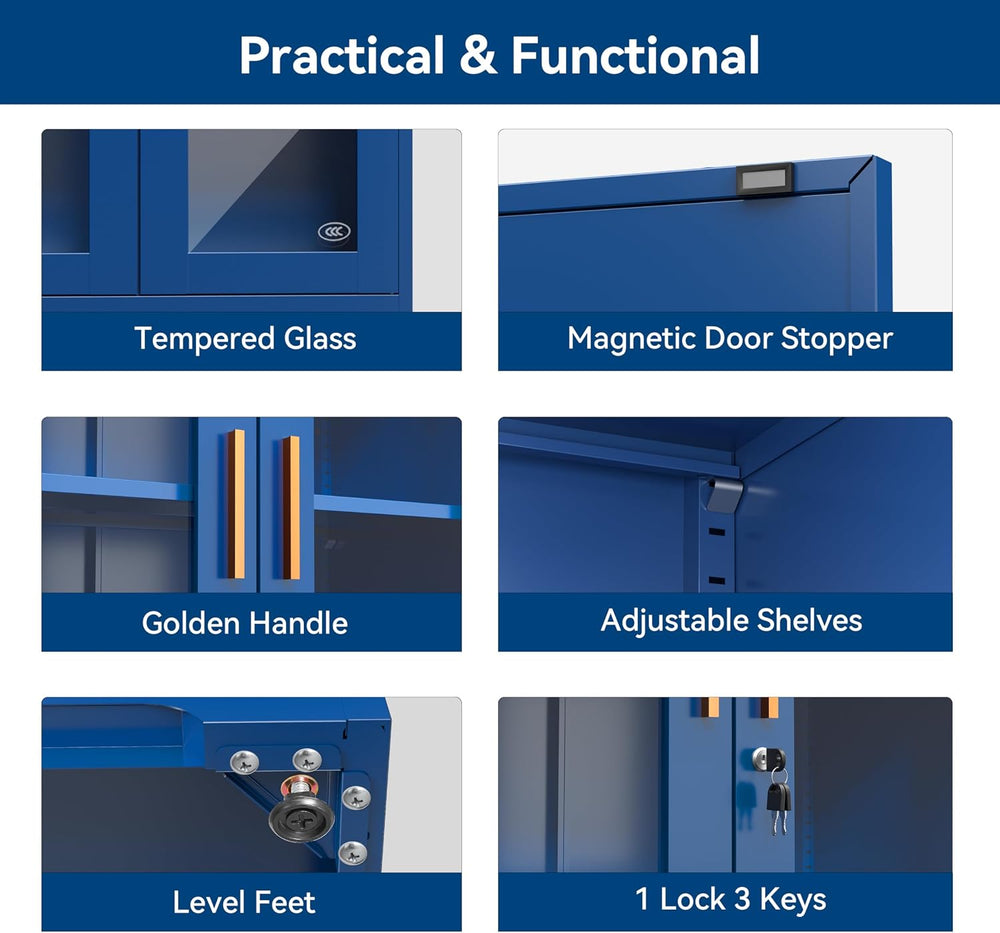Polup 71" Blue Metal Glass Display Cabinet with Security Lock