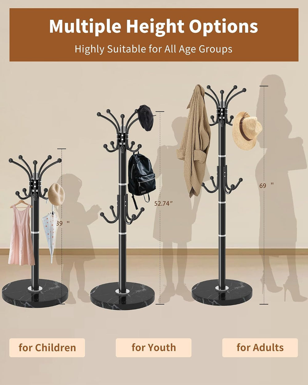 Metal Coat Rack Freestanding with 360°Rotary 14 Hooks Marble Base