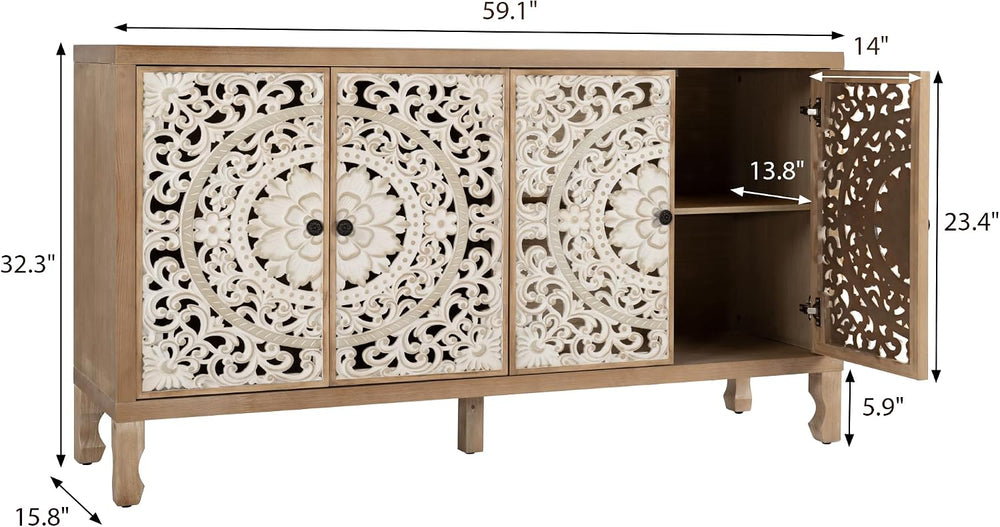Buffet Cabinet with Storage, 4 Carved Doors, Natural&White