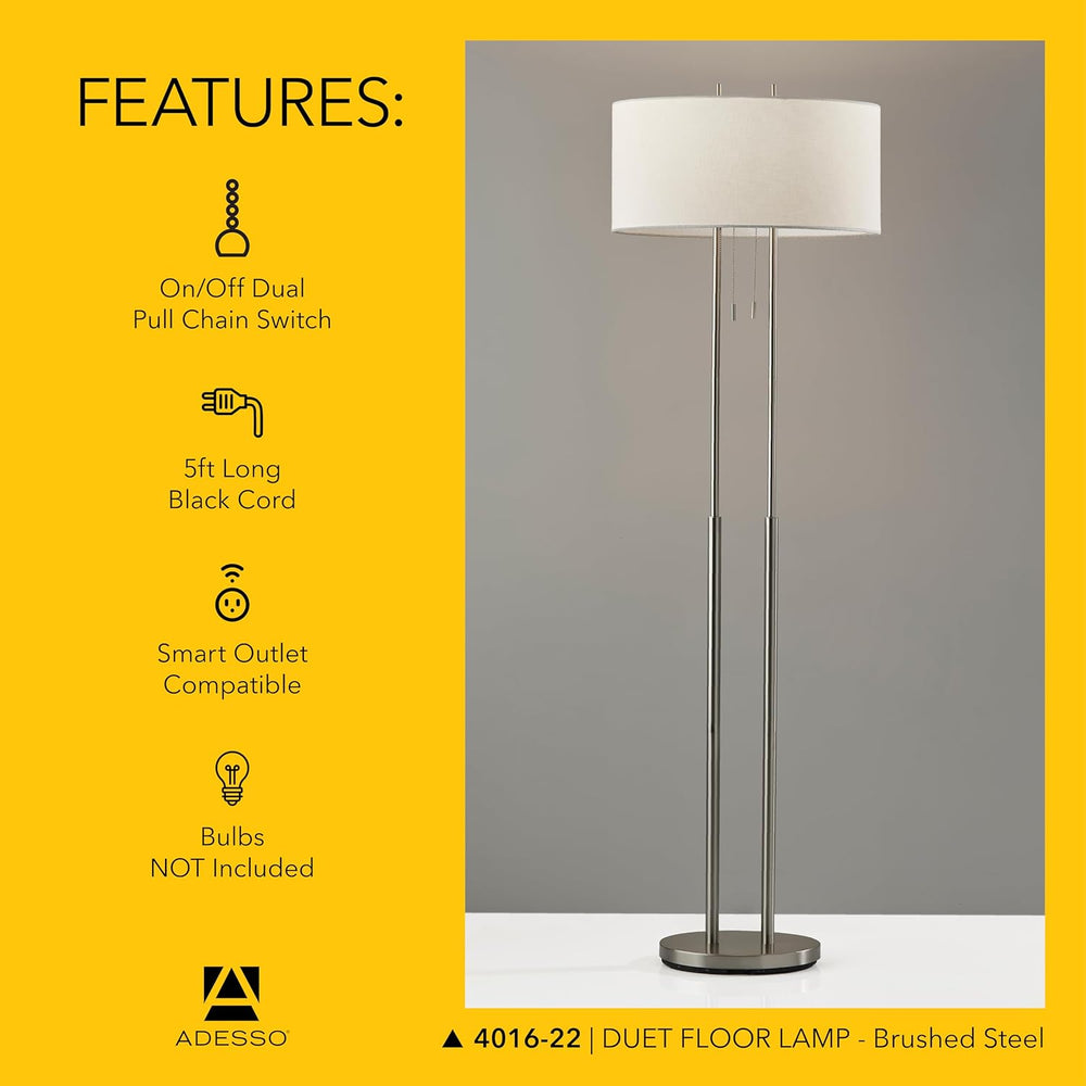 Adesso 2-Light Floor Lamp, Brushed Steel & Ivory, Dual Pull Chains, 62”