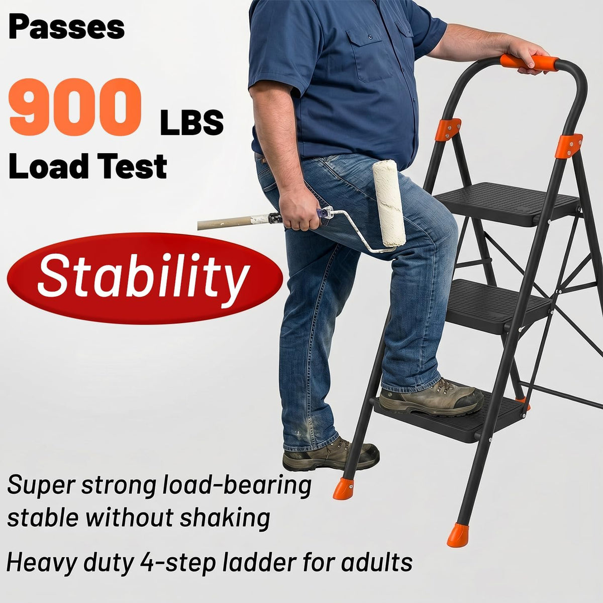3 Step Ladder, 900 lbs Capacity Heavy Duty Step Stool with Safety Lock, Black Sturdy Step Ladder with Wide Anti-Slip Pedal, Folding Step Stool with Orange Cushioned Handle for Kitchen, Home & Garage