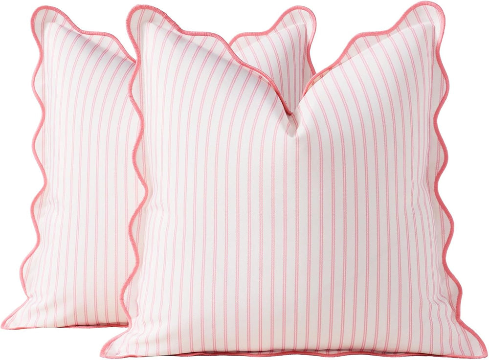 DEZENE 18x18 Pink Outdoor Pillow Covers Pack of 2, Striped Scalloped Coastal ...