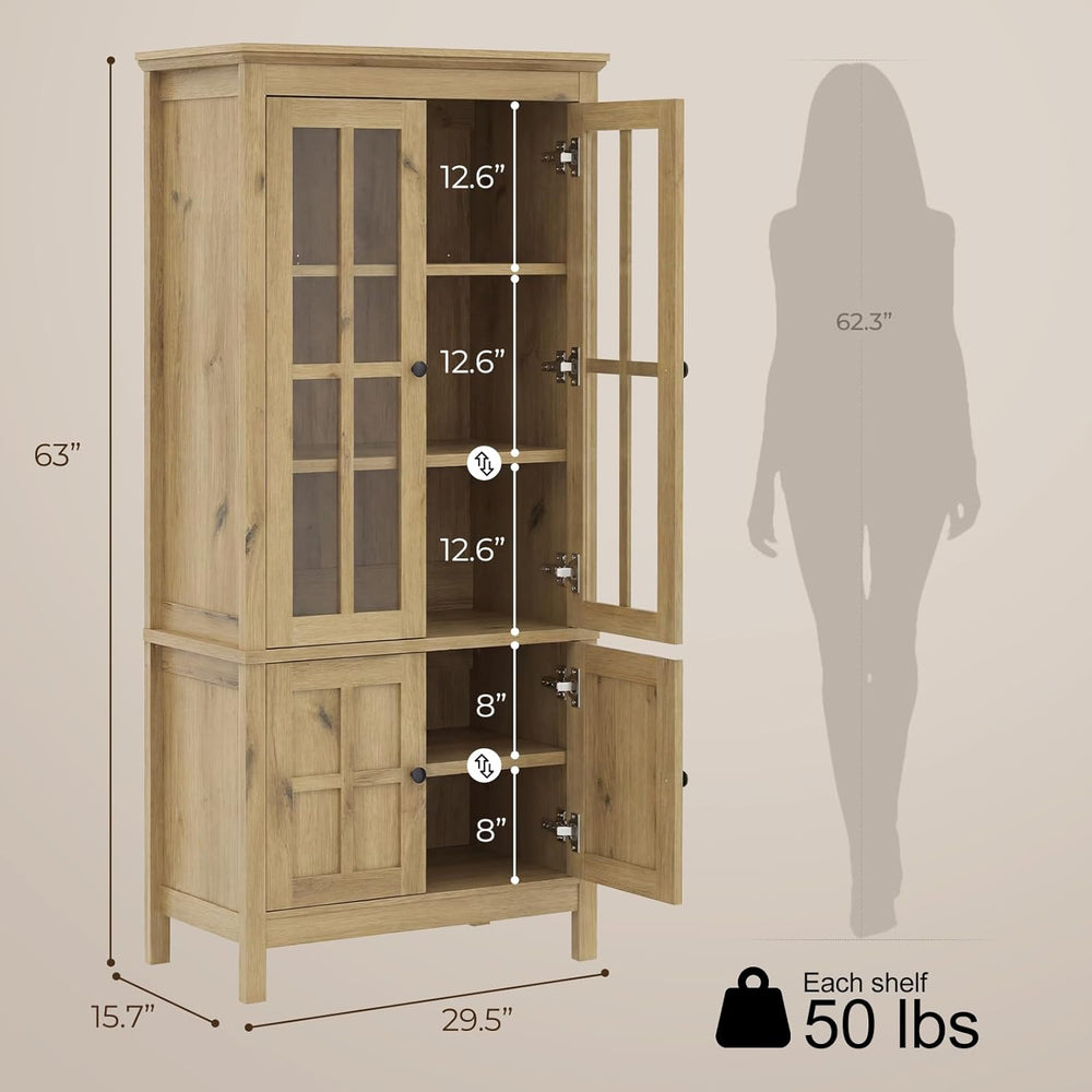 63" Kitchen Pantry Cabinet with Glass Doors,Farmhouse Storage Cabinets