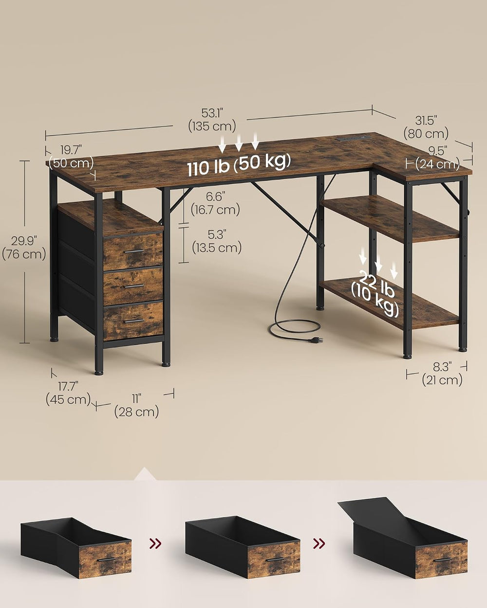 VASAGLE L Shaped Computer Desk with Drawers, Large Gaming Desk with Shelves