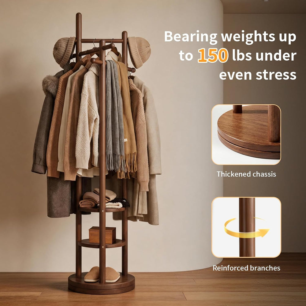 Coat Rack Freestanding, Solid Wood Coat Tree with 6 Hooks and 3 Storage Shelv...