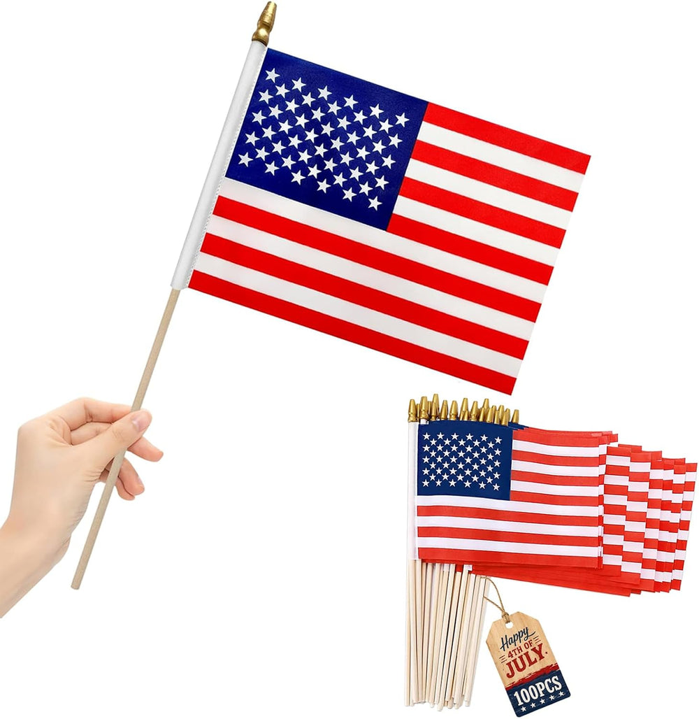 100 Pcs 8x12 Inch Small American Flags on Stick, Small US Flags for Outside