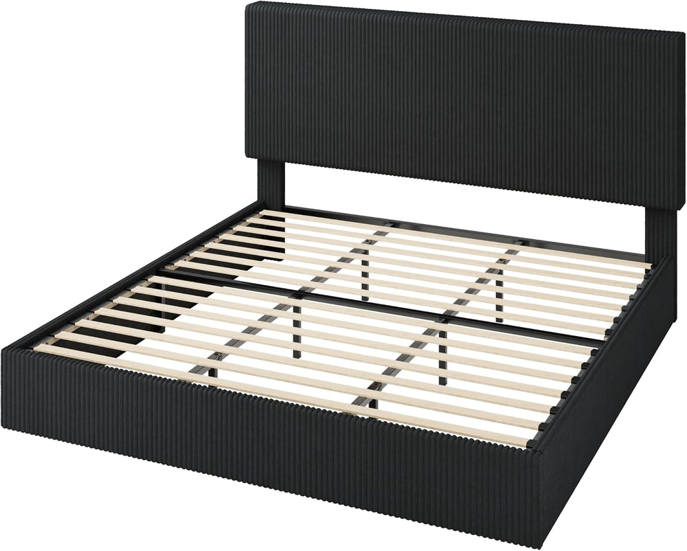 Allewie King Bed Frame, Adjustable Corduroy Headboard, Platform, Black