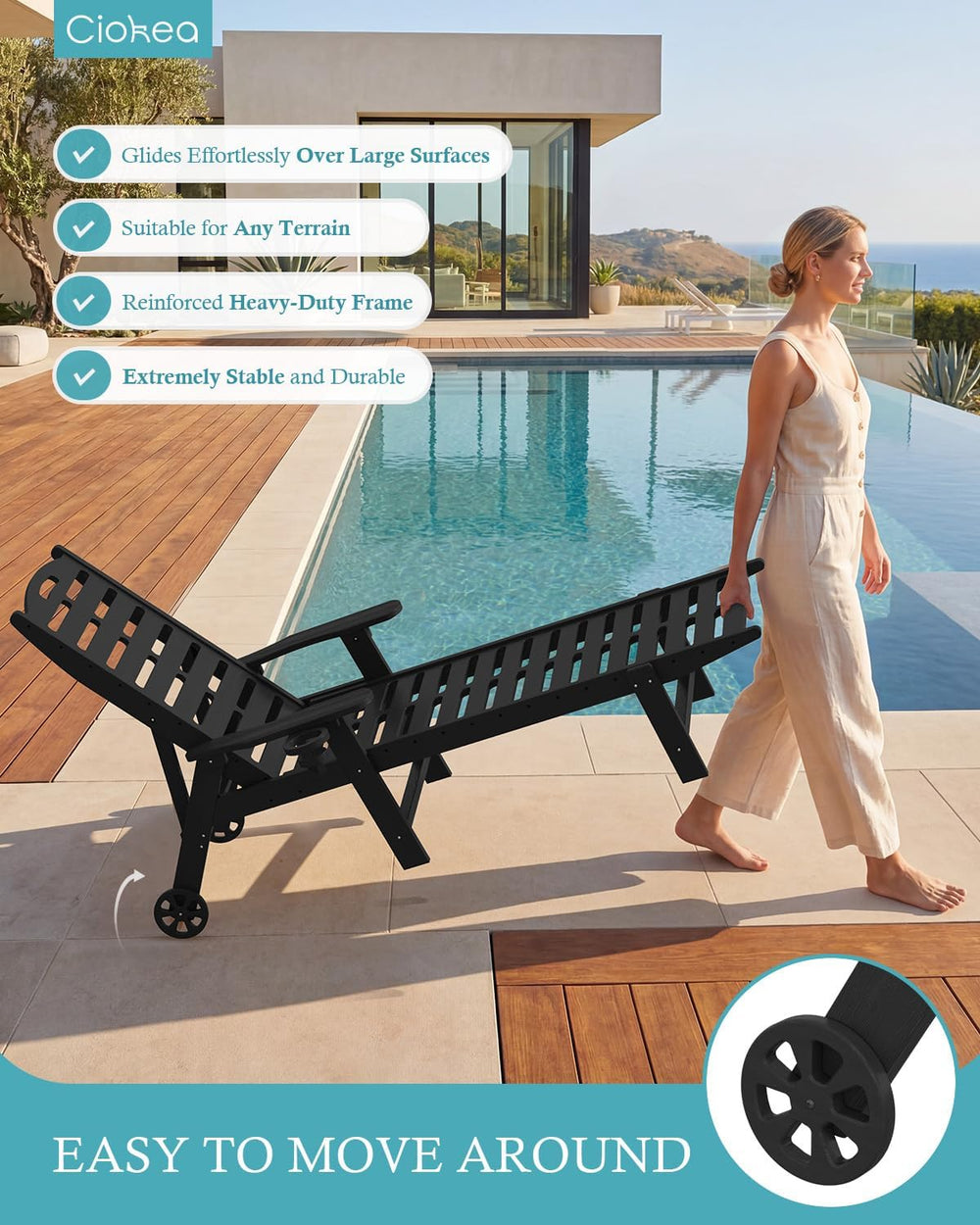 Ciokea Outdoor Chaise Lounge Chair, 5-Position Adjustable, Black