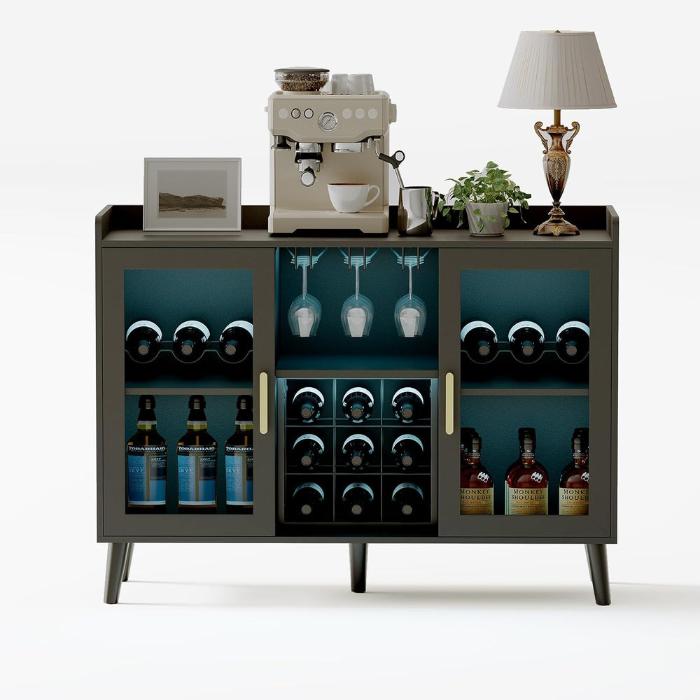 Garvee Modern Wine Bar Cabinet with LED Light, Wood Kitchen Coffee Bar Home L...