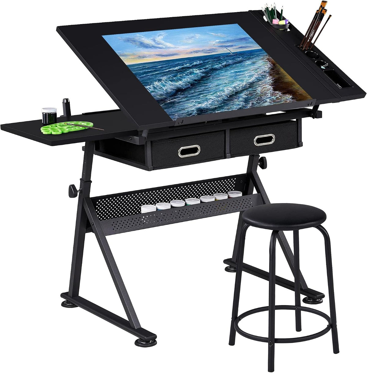 Yaheetech Art Craft Table Drawing Table Height Adjustable Drafting Desk Work Station with Tiltable Tabletop w/Stool and 2 Storage Drawers for Reading, Writing,Studying