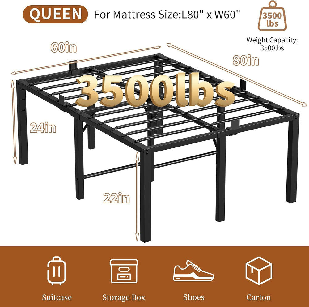 24 Inch Queen Size Tall Bed Frame, 3500 LBS Metal Platform Bed Frame, Black