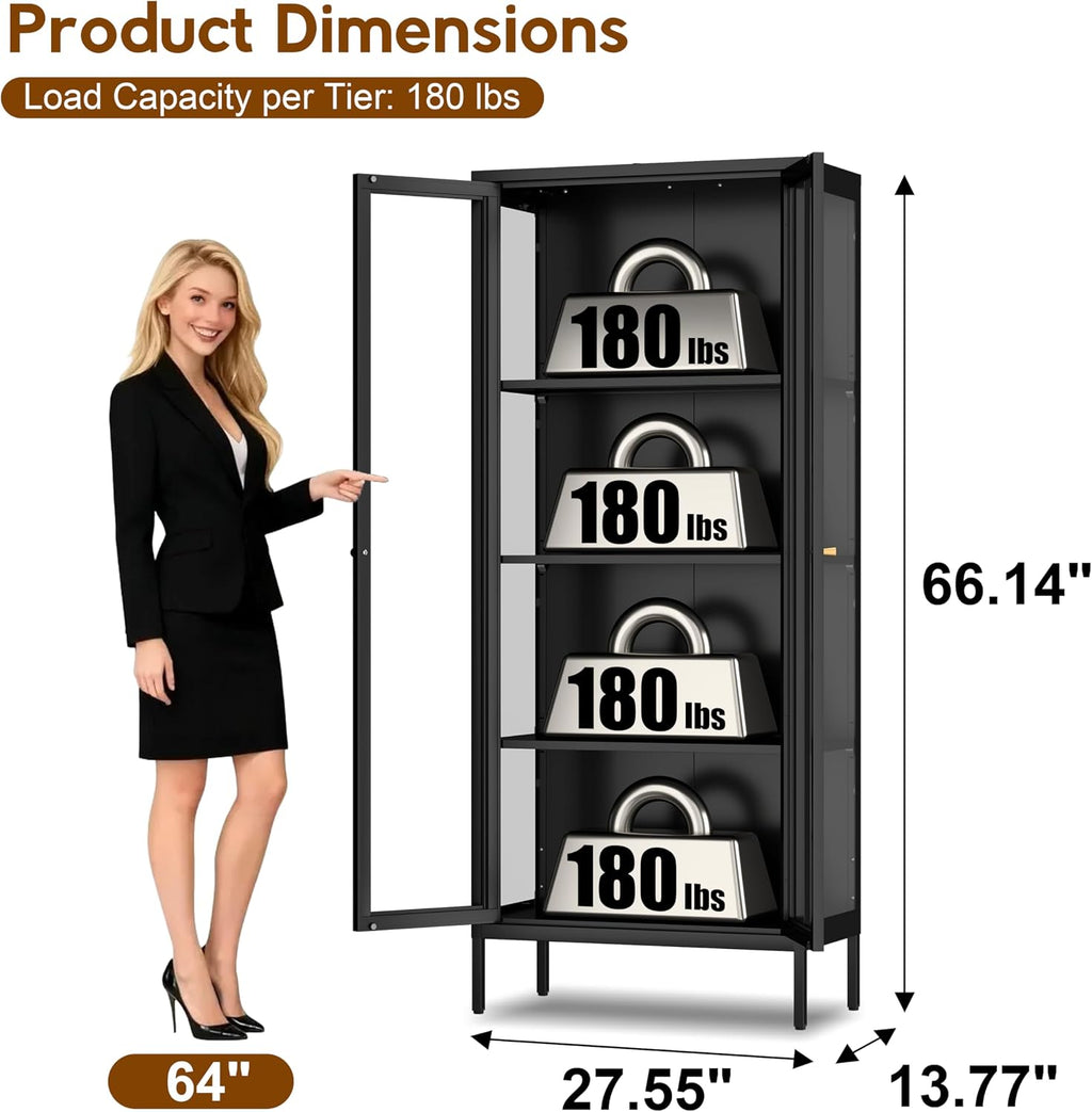 UNICOLY Glass Display Cabinet 4-Tier, Display Cabinet with Glass Doors