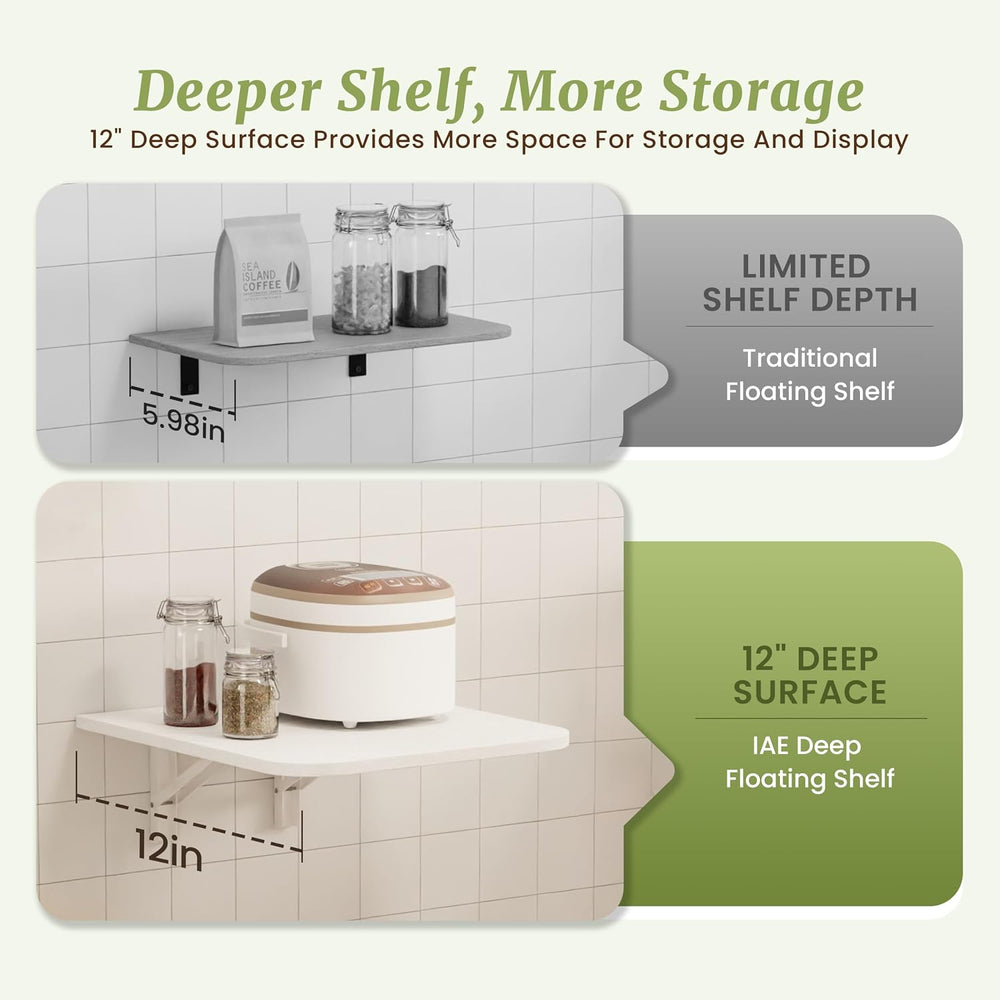 IAE 16 Inch Fold White Floating Wall Shelves, 12 Inch Deep Wood Wall Shelf