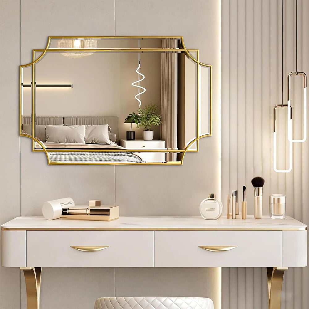 HQiJun 30x20 Inch Gold Bathroom Mirror, Wooden Frame with Scalloped Polished ...