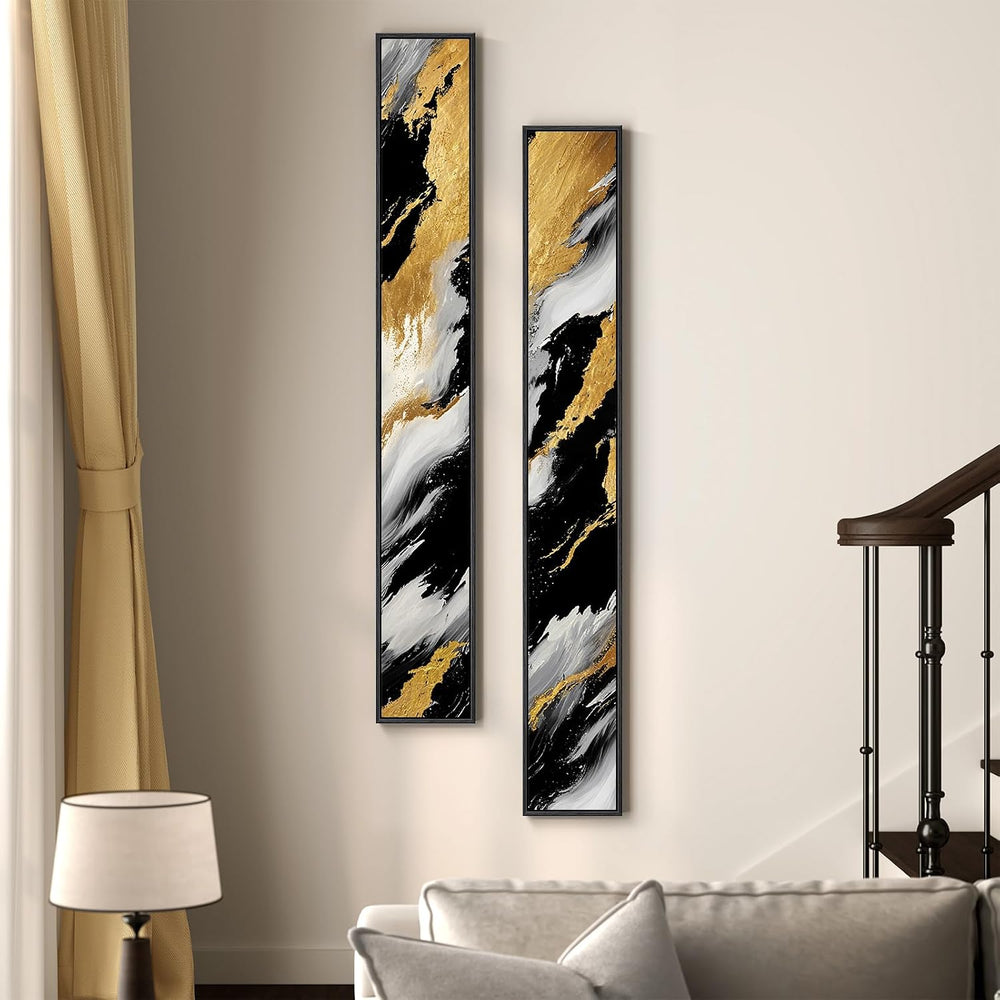 Framed Black White Gold Abstract Vertical Wall Art for Entryway, 2 Piece