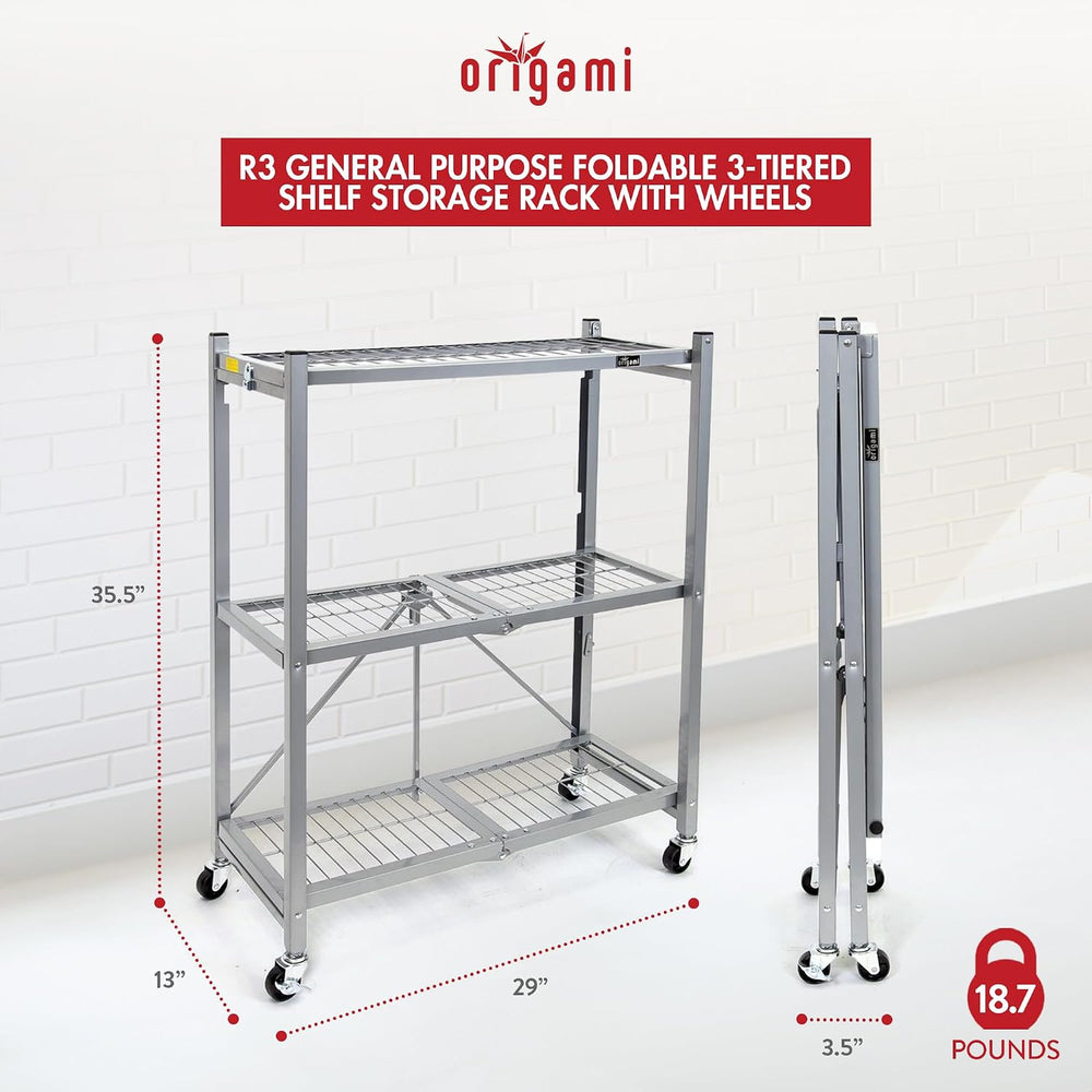 Origami R3 3-Tier Foldable Storage Rack with Wheels, Platinum