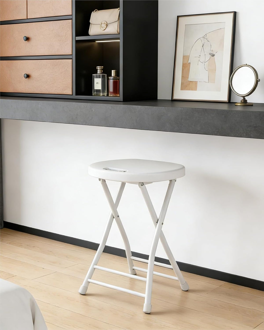 Folding Stool, 18 Inch Foldable Stool with Handle & Steel Frame White