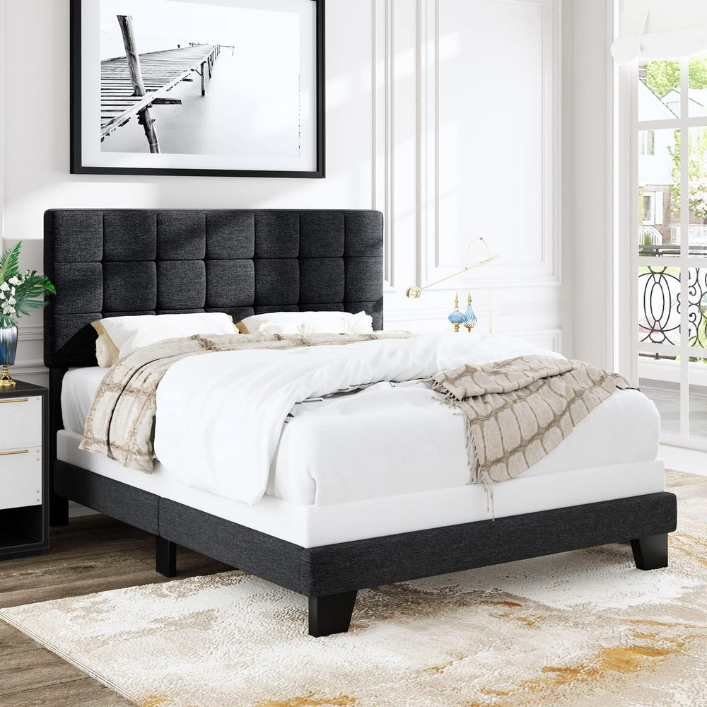 Allewie Queen Size Panel Bed Frame Box Spring Needed Dark Grey