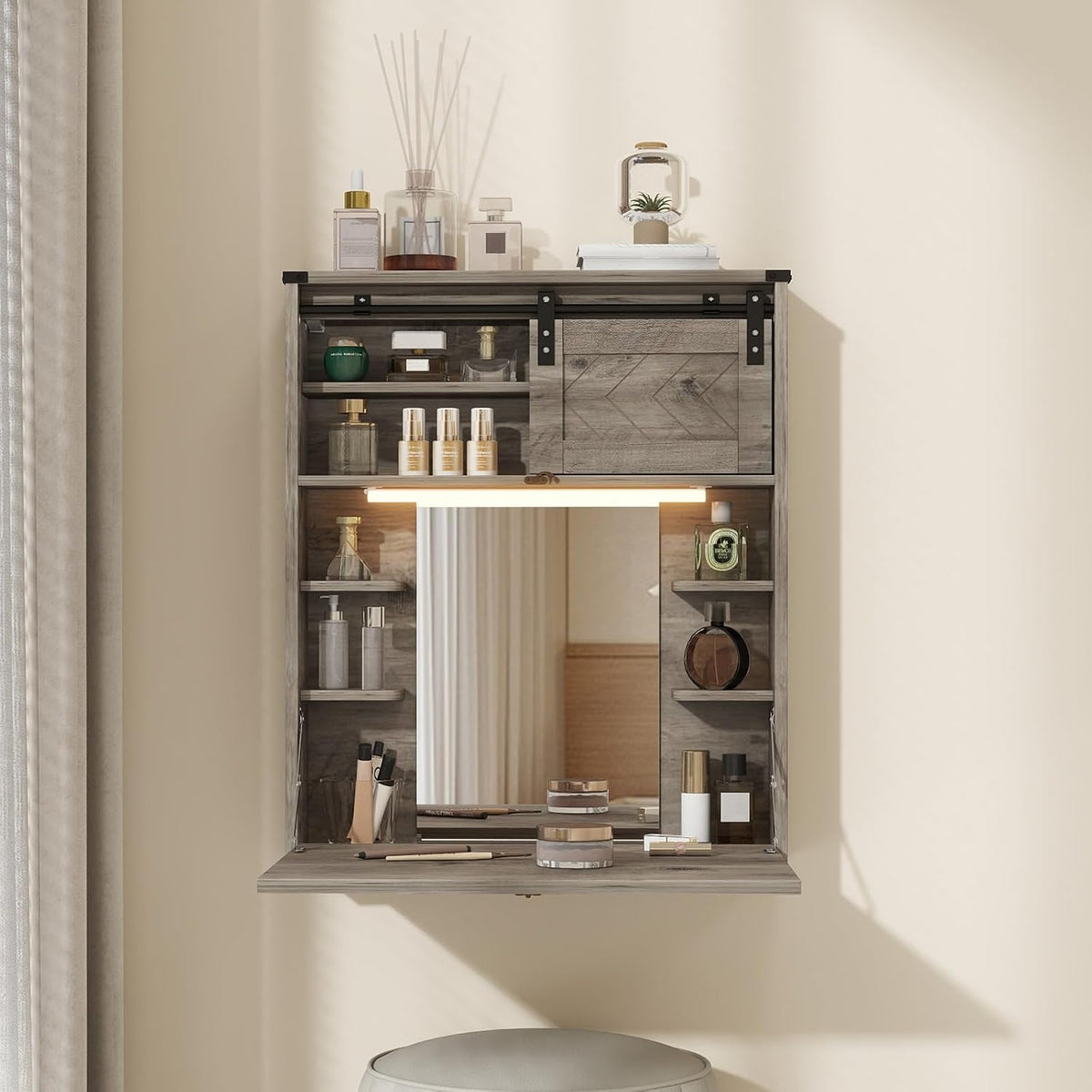 ARTETHYS Floating Vanity Desk with Mirror and Lights Small Wall Mounted Makeup Set with Storage Gray Farmhouse Dressing Table for Tiny Space